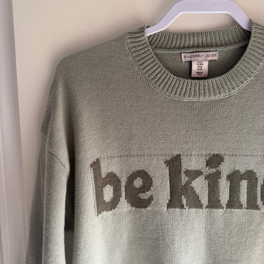 Sincerely Jules Be Kind Crewneck Sweater Light Green Knit Pullover Medium - Picture 2 of 9